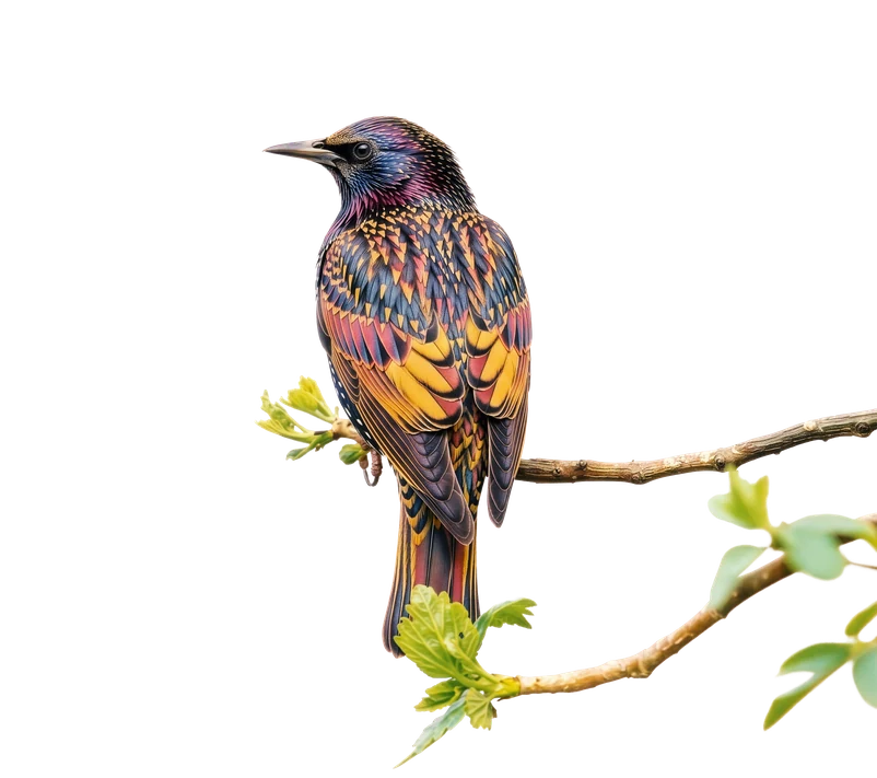 A starling perched on a budding branch